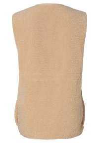 Beige Fleece-Weste, weiche Textur, ärmelloses Design, mit Seitentaschen und hohem Kragen, mit glatter, gleichmäßiger Oberfläche.