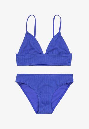 Paarse bikini set met een textuurstof, bestaande uit een triangulaire bralette-top en bijpassende high-cut broekjes, beide met verstelbare banden.