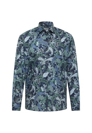 Camicia con maniche lunghe e bottoni, con una base blu scuro e intricati motivi floreali paisley verdi, bianchi e blu.