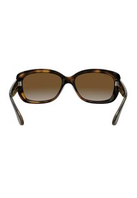 Occhiali da sole tartaruga con lenti grigie scure sfumate. Montatura rettangolare, finitura lucida e aste curve. Accenti metallici vicino alle cerniere.