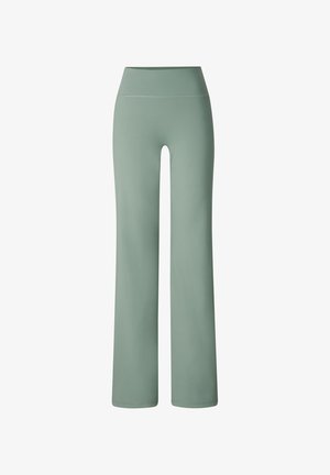 Pantalon taille haute, jambes larges, vert clair, texture lisse sans poches visibles ni motifs, présenté sur fond blanc.