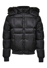 Svart pufferjakke med hette kantet med pels, glidelås foran, elastiske mansjetter og en firkantet quiltet design. Har en brystlomme.