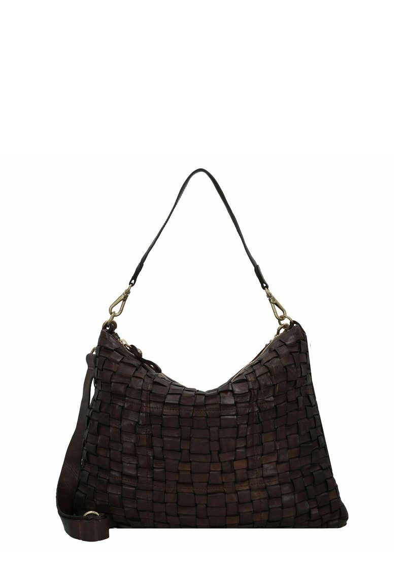 Borsa a spalla in pelle marrone con design intrecciato, texture morbida e una singola tracolla regolabile con dettagli in metallo dorato.