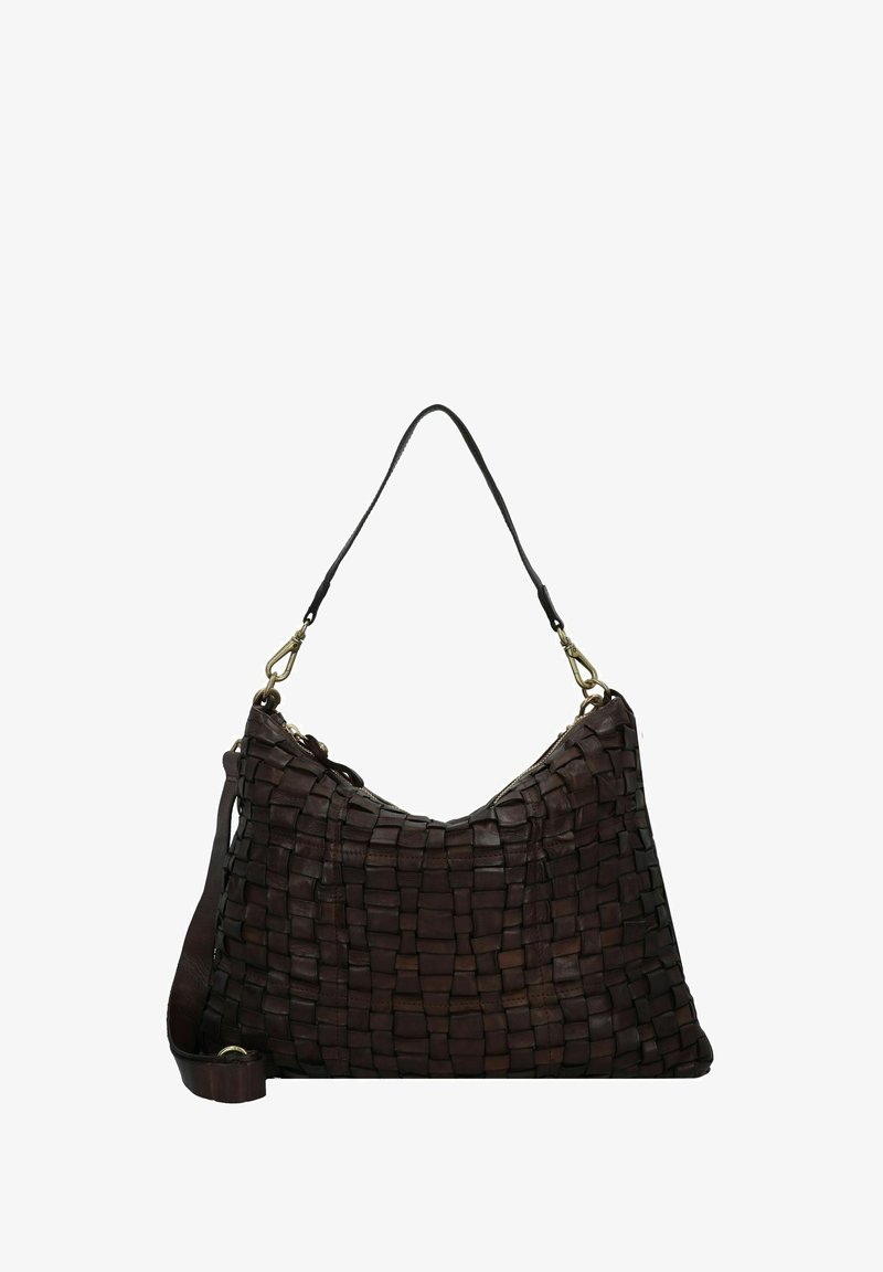 Borsa a spalla in pelle marrone con design intrecciato, texture morbida e una singola tracolla regolabile con dettagli in metallo dorato.