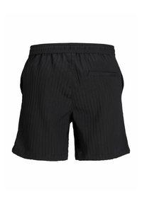 Sorte stribede shorts i let stof, med elastisk talje og en baglomme med et strømlinet design.
