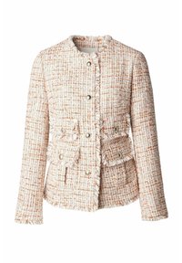 Veste en tweed crème et orange pour femme, à manches longues, avec poches avant, bordure à franges et boutons décoratifs sur le devant.