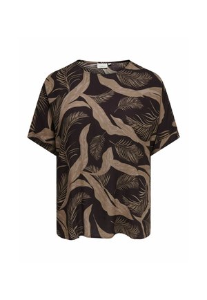 Svart kortermet bluse med løs passform, med et beige abstrakt mønster av blader og grener over hele plagget.