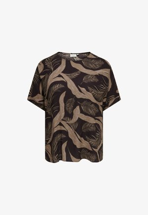 Blouse noire à manches courtes, coupe ample, avec un motif abstrait beige de feuilles et de branches sur toute la surface.