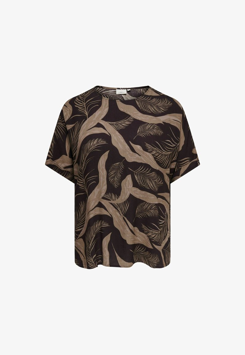 Blouse noire à manches courtes, coupe ample, avec un motif abstrait beige de feuilles et de branches sur toute la surface.