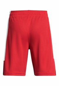 Röda sportshorts i ett andningsbart material, med ett elastiskt midjeband och vita sidopaneler. Designade för komfort och rörlighet.