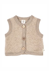 Gilet beige lavorato a maglia con design senza maniche, tre bottoni in legno e scollo rotondo. Texture morbida con un delicato motivo screziato.