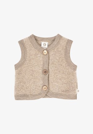 Béžová pletená vesta bez rukávů, se třemi dřevěnými knoflíky a kulatým výstřihem. Měkká textura s jemným skvrnitým vzorem.
