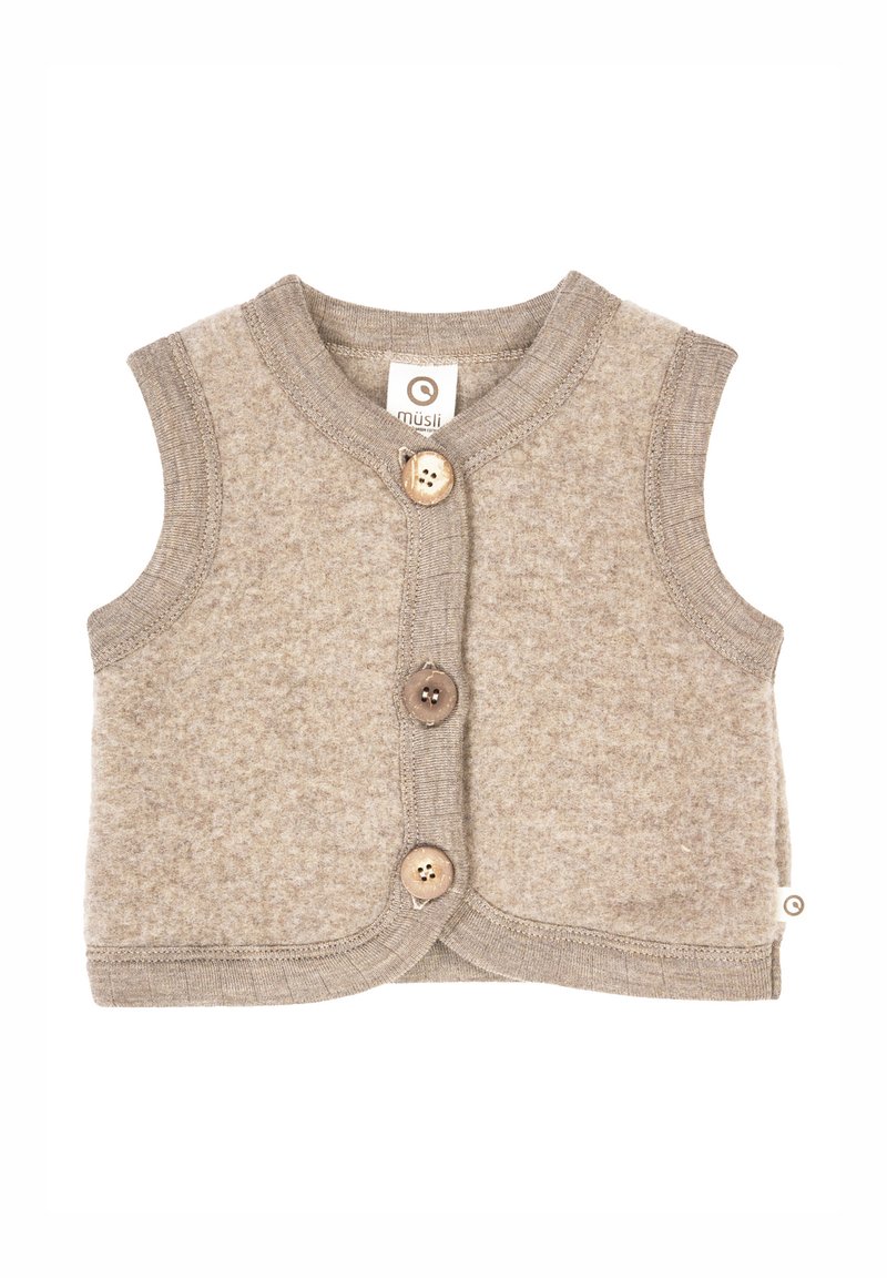 Gilet beige lavorato a maglia con design senza maniche, tre bottoni in legno e scollo rotondo. Texture morbida con un delicato motivo screziato.