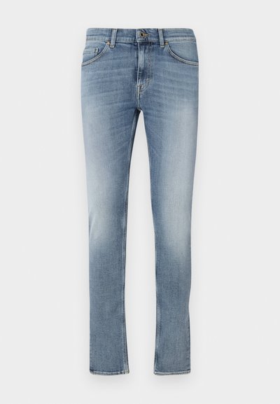 Light blue denim jeans with a straight leg design, featuring a button fly, front pockets, and subtle fading on the thighs.