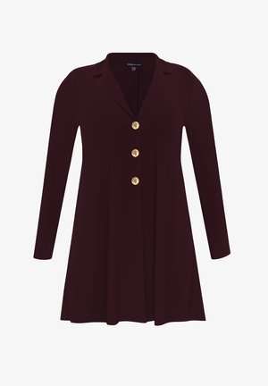 Long-sleeve, burgundy dress with a lapel collar and five gold buttons down the front. Flared silhouette and smooth fabric texture.