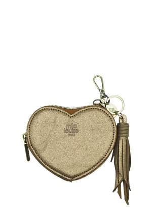 Porte-monnaie métallique doré en forme de cœur avec fermeture éclair, porte-clés, mousqueton et breloque pompon assortie attachée.