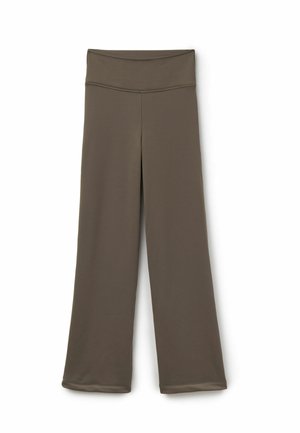 Weite Yogahosen in einem gedämpften Olivgrün, gefertigt aus glattem, dehnbarem Stoff mit einem hohen Bund für zusätzlichen Komfort.
