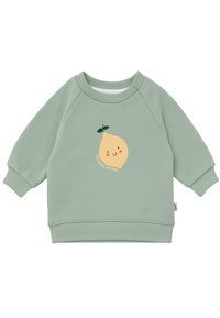 Mintgrüner Pullover mit Raglanärmeln und gerippten Bündchen. Vorderseite mit Grafik einer lächelnden Zitrone und dem Text "Squeeze the Day" in Beige.