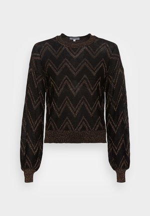 Pull noir à manches longues avec un motif zigzag métallique bronze, poignets, ourlet et encolure côtelés, avec un léger effet bouffant sur les manches.