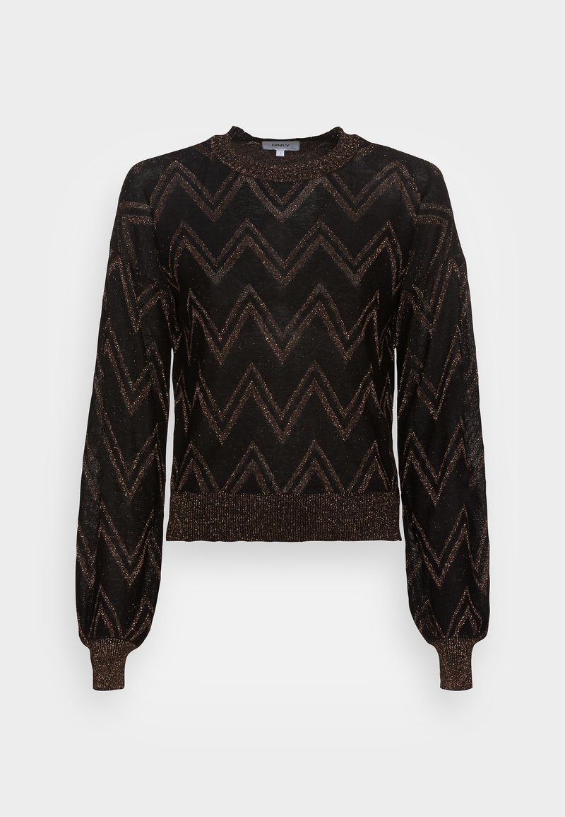 Pull noir à manches longues avec un motif zigzag métallique bronze, poignets, ourlet et encolure côtelés, avec un léger effet bouffant sur les manches.