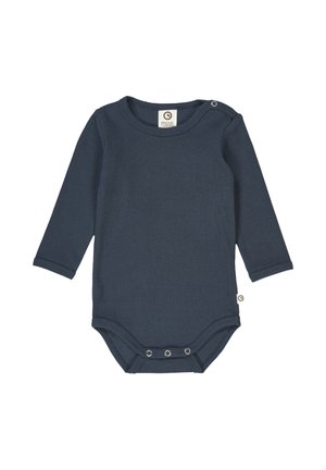Body a manica lunga blu navy in tessuto a costine, con scollatura a girocollo, chiusura a snap e un'etichetta piccola sul lato.
