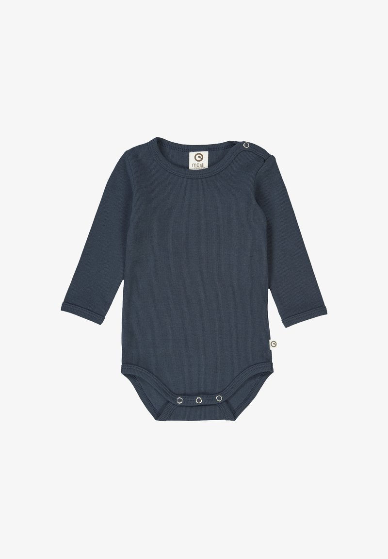 Námořnický bodysuit s dlouhým rukávem vyrobený z žebrované látky, s kulatým výstřihem, patentním uzávěrem a malou nášivkou po straně.