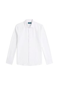 Witte lange mouwen shirt met een wijde kraag en knoopsluiting. Gladde stofstructuur, minimalistisch ontwerp en recht afgesneden zoom.