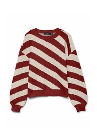 Rot- und cremegestreifter Pullover aus weichem, strukturiertem Material. Mit Rundhalsausschnitt und langen, leicht puffigen Ärmeln. Akzentuiert mit diagonalen Linien.