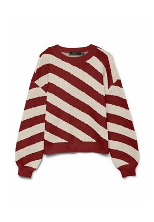 Rød- og cremetstribet sweater i et blødt, tekstureret stof. Har en rund hals og lange, let puffede ærmer. Pyntet med diagonale linjer.
