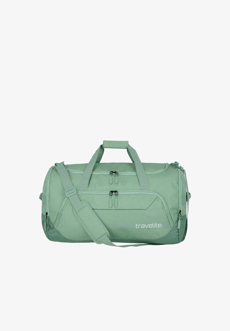 Duffle bag in light green fabric, featuring two zipper pockets, carrying handles, and an adjustable shoulder strap. Logo printed on side.