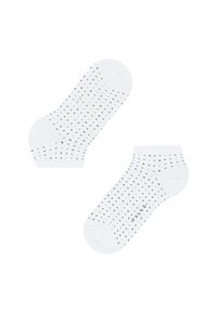 Chaussettes blanches à cheville avec un motif à pois en gris, noir et bronze. Tissu doux avec des zones de renforcement au niveau des orteils et du talon.
