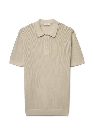 Beiges kurzärmliges Strick-Poloshirt mit strukturiertem Muster, Drei-Knopf-Leiste, klassischem Kragen sowie gerippten Bündchen und Saum.