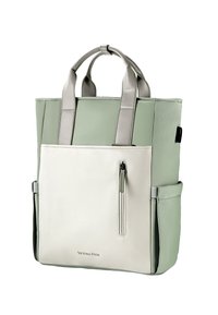 Borsa tote verde e crema con doppi manici superiori, una tasca frontale con zip e materiale sintetico liscio, caratterizzata da linee pulite e design minimale.