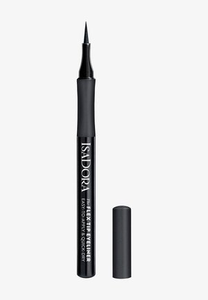 Stylo eyeliner liquide noir à embout flexible, avec le capuchon retiré, nom de la marque Isadora et détails du produit imprimés sur le corps.