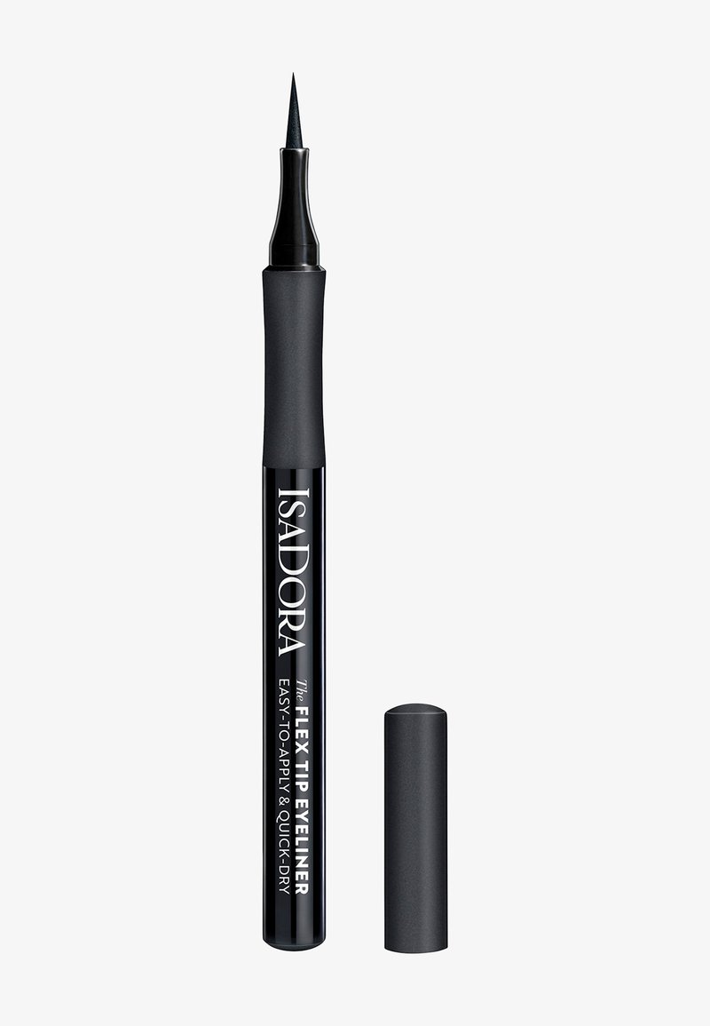 Stylo eyeliner liquide noir à embout flexible, avec le capuchon retiré, nom de la marque Isadora et détails du produit imprimés sur le corps.