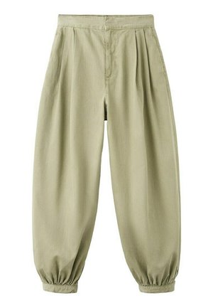 Pantalon beige taille haute avec plis, jambes fuselées et bas élastiqués, présenté à plat sur fond blanc.