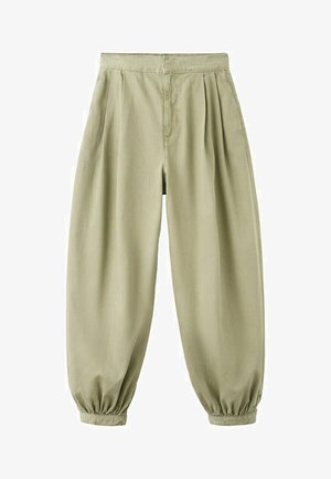 Pantalon beige taille haute avec plis, jambes fuselées et bas élastiqués, présenté à plat sur fond blanc.