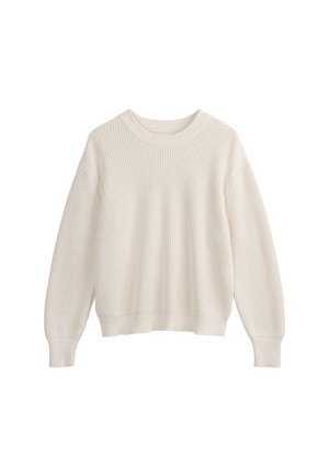 Crèmekleurige geribbelde breiselsweater met lange mouwen, ronde halslijn en een comfortabele pasvorm. Het patroon heeft verticale lijnen en een gestructureerde uitstraling.