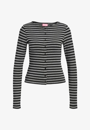 Črna in siva srajca z dolgimi rokavi, vodoravnimi črtami, z gumbi in oprijeta, z okroglim izrezom ter rožnatim etiketnim napisom znotraj ovratnika.