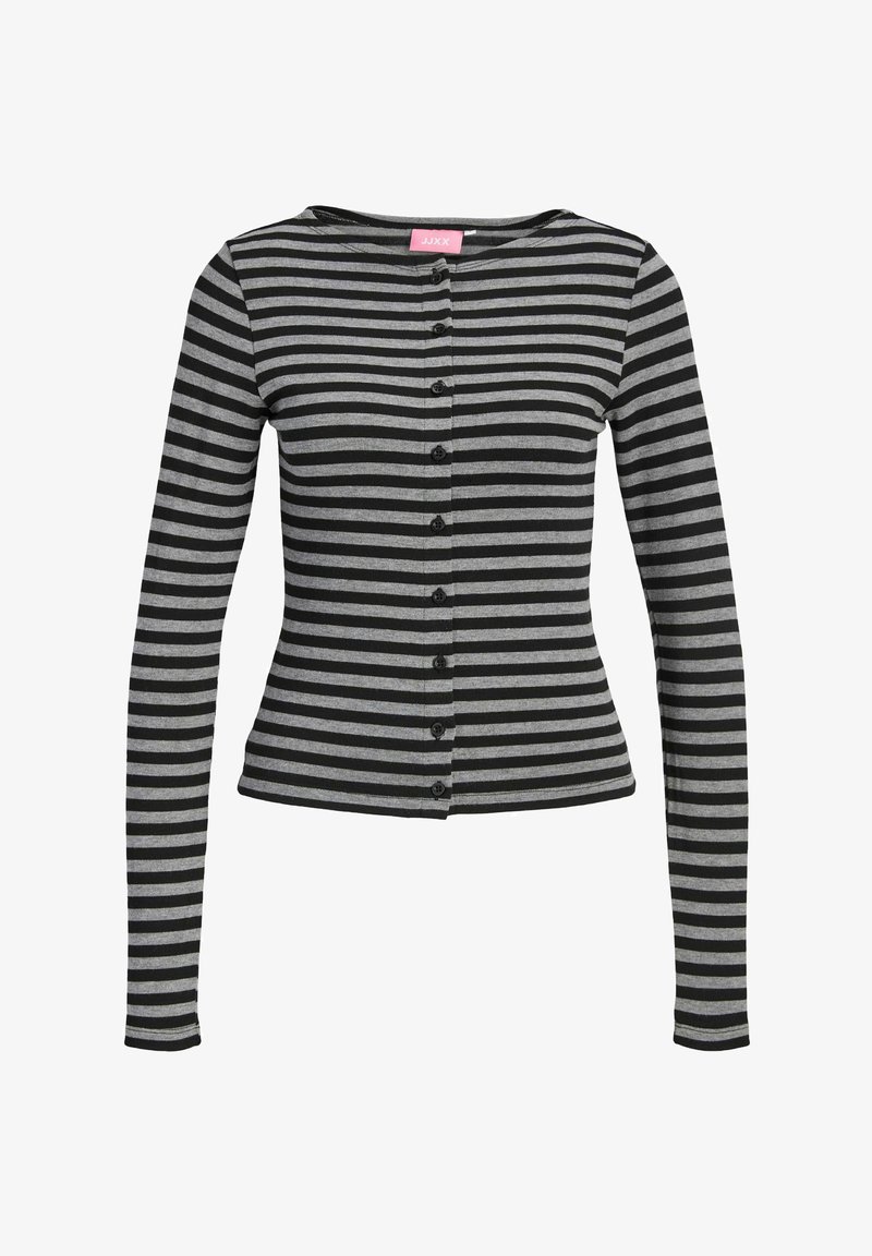 Černá a šedá horizontálně pruhovaná košile na knoflíky s dlouhým rukávem, přiléhavého střihu, s kulatým výstřihem a růžovou štítkem uvnitř límce.