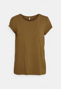 Tričko s krátkým rukávem a kulatým výstřihem v teplé hnědé barvě, vyrobené z měkké látky s volným střihem a jemnými bočními rozparky.