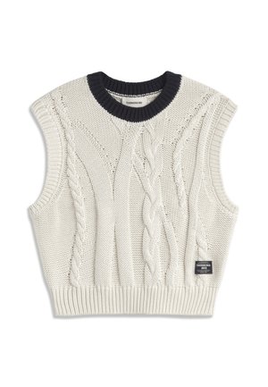 Chaleco de punto sin mangas color crema con patrones de cable, dobladillo acanalado y cuello redondo acanalado negro, etiquetado como "Thinking Mu" en la parte inferior derecha.