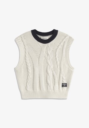 Gilet sans manches en maille crème avec motifs torsadés, ourlet côtelé et encolure ronde côtelée noire, étiqueté "Thinking Mu" en bas à droite.