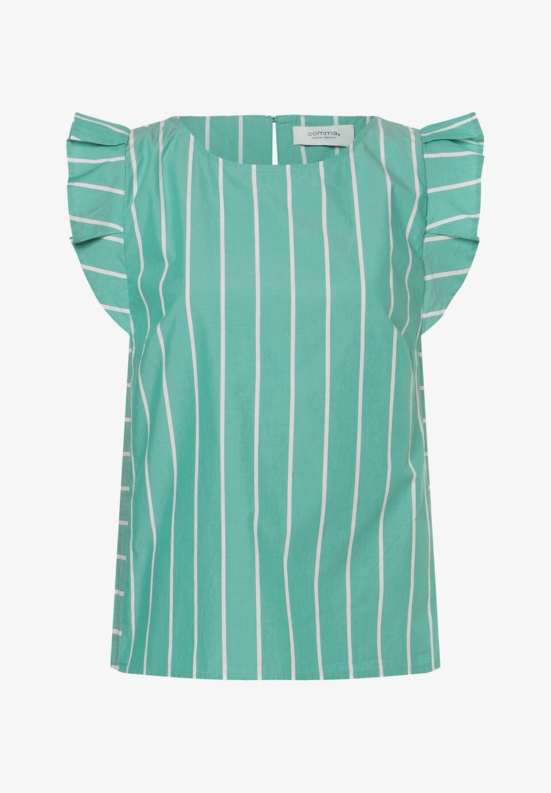 Haut turquoise clair avec des rayures blanches verticales, manches courtes volantées, et fermeture par boutons au dos. Confectionné dans un tissu lisse et respirant.