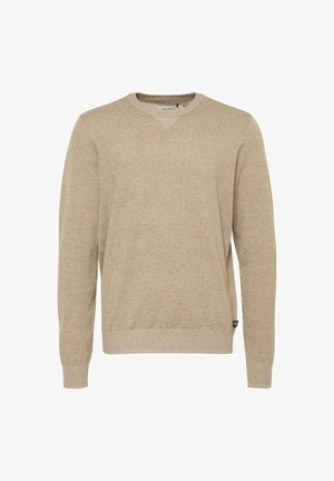 Bežinis megztinis su ilgomis rankovėmis, V formos iškirpte, raukšlėtais rankogaliais ir apgadintais kraštais, ir maža logotipo etiketė apatiniame šone. Minkšta tekstūra.