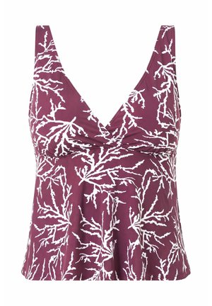 Ärmelloses lila Tanktop mit weißem abstraktem, astähnlichem Muster und V-Ausschnitt mit Überkreuzung vorne.