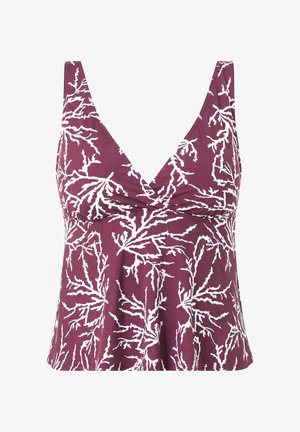 Ärmelloses lila Tanktop mit weißem abstraktem, astähnlichem Muster und V-Ausschnitt mit Überkreuzung vorne.