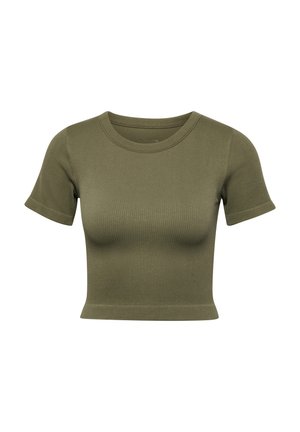 Olijfgroen geribbelde crop top met korte mouwen, ronde halslijn en een aansluitend ontwerp. Gemaakt van een zachte, rekbare stof.