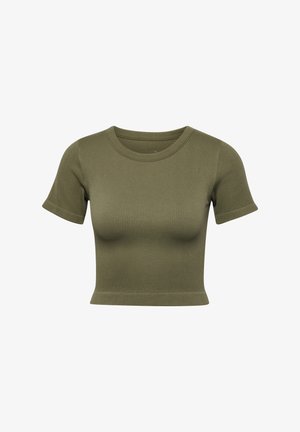 Olivgrünes geripptes Crop-Top mit kurzen Ärmeln, rundem Ausschnitt und taillierter Passform. Hergestellt aus einem weichen, elastischen Stoff.