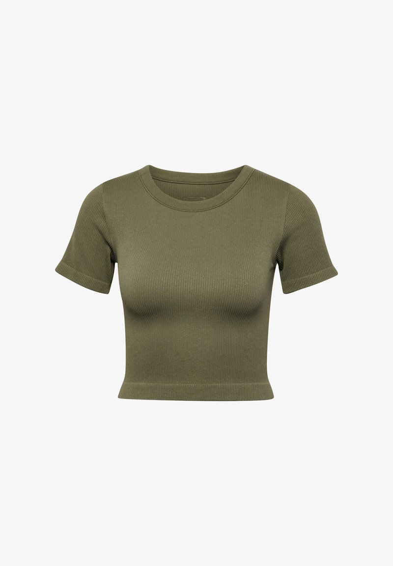 Oliven grøn ribbet crop top med korte ærmer, rund halsudskæring og tætsiddende design. Lavet af et blødt, strækbart stof.